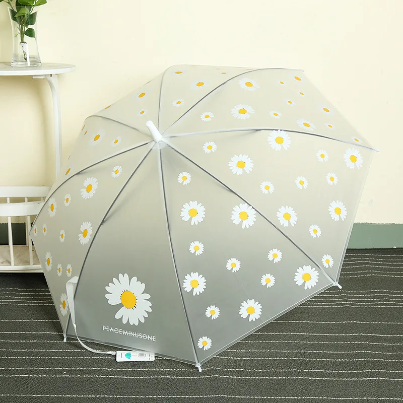 Transparent Daisy Long Handle Umbrella Super Light Flower Printing Umbrella 8 Bone Semi-Automatic Umbrellas for Women Kids