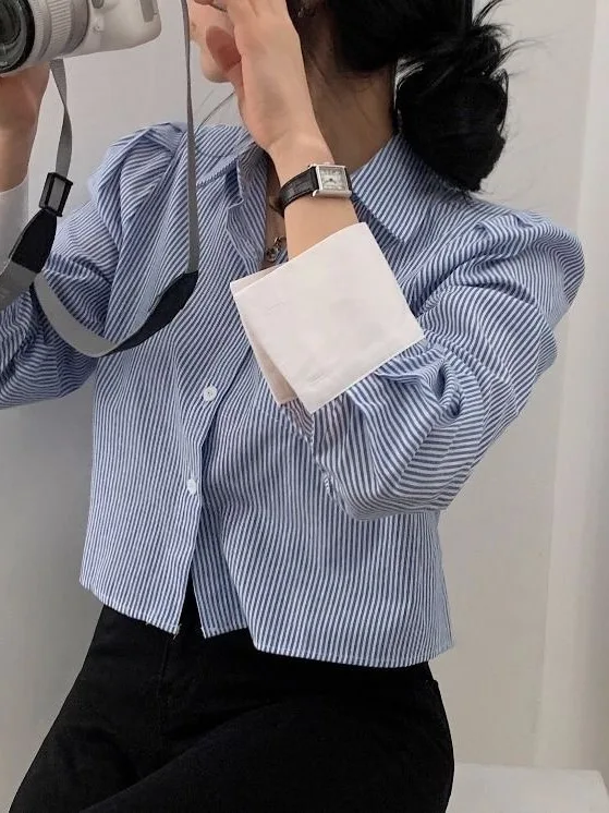Premium Feel  Collar Short Striped Shirt Women's Korean Style Spring Long Sleeve Blue Shirt Small Size High Waist Top