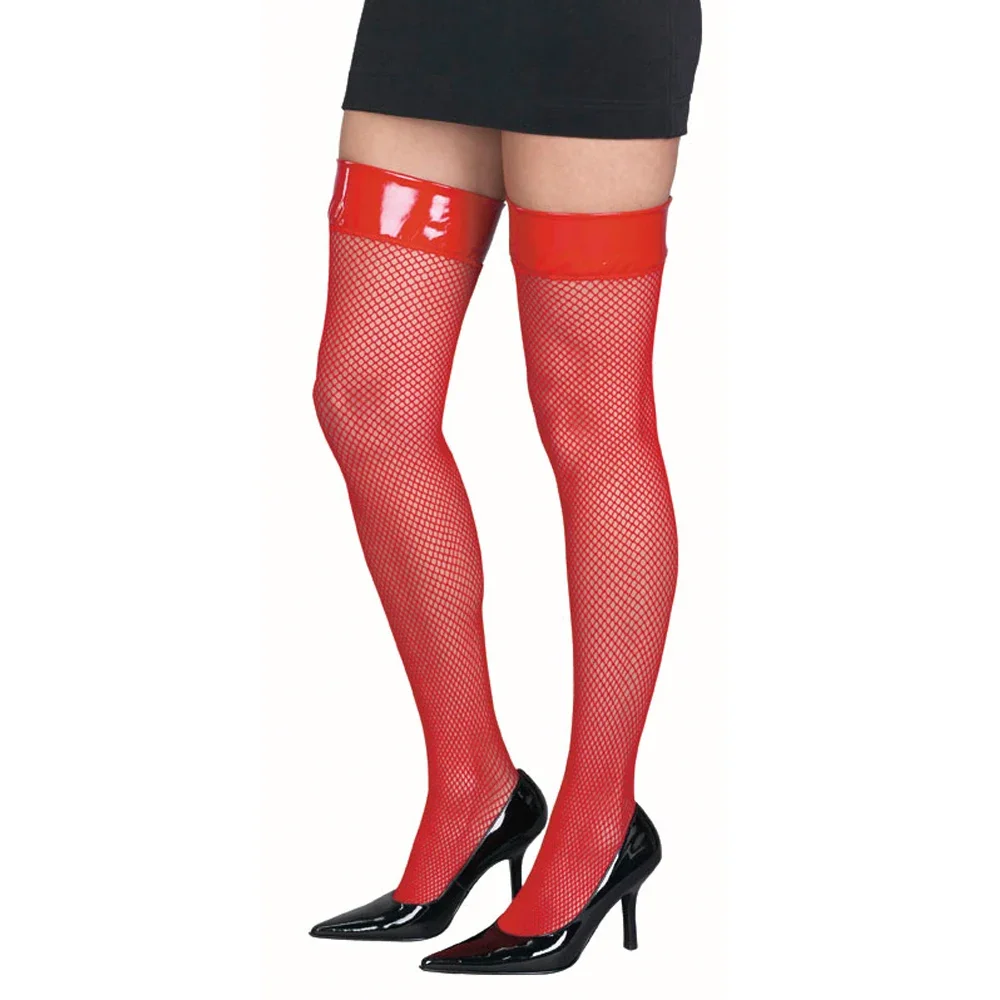 Women's Faux Leather Red Metallic High Tights Stockings Vinyl Top Fishnet Costume Lingerie