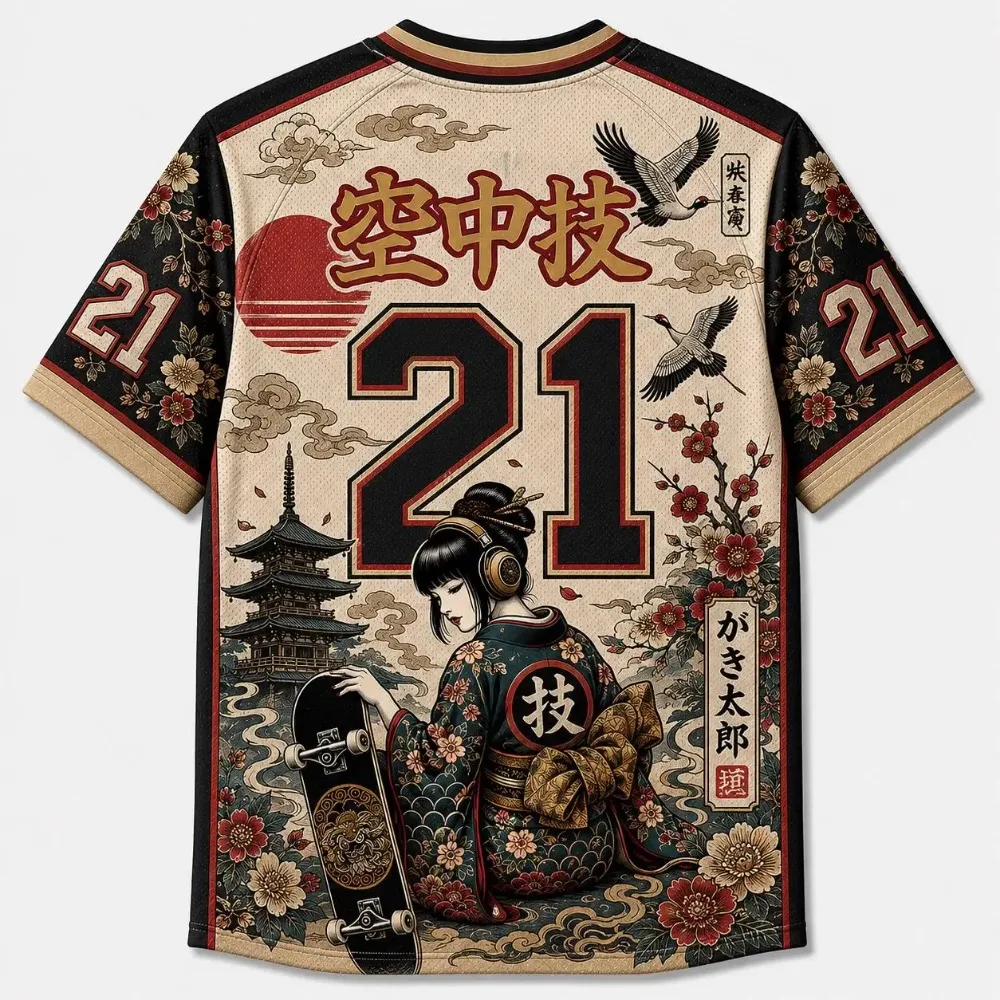 Retro Japanese Women's Skateboard 3D Print Breath Quickdry Men V-neck Tshirt Outdoor Street Fashion Casual Parent-Child Clothing