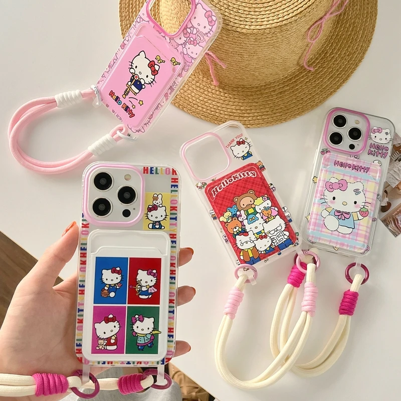 Cute Cartoon Sanrio Hello Kitty Card Pocket Phone Case For iPhone 15 14 13 12 11 Pro Max Cases Soft TPU Back Cover With lanyard