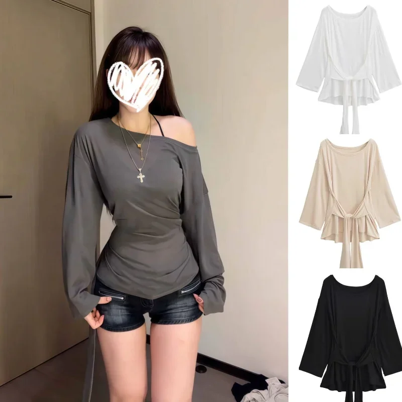 Thin Sun Protection and Slim Design Loose Long-sleeved Straps New Waist-closing Blouse Versatile Slim-fit T-shirt Top