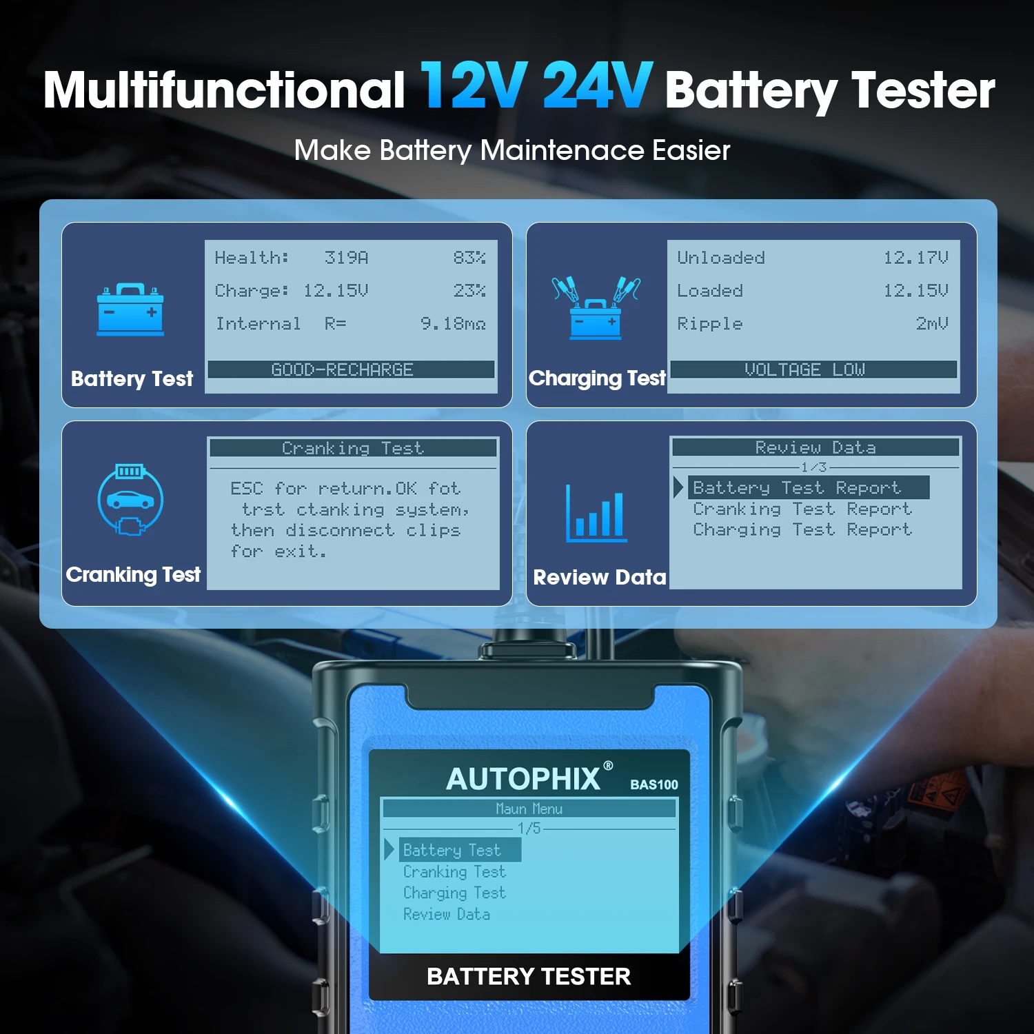 Autophix BAS100 12/24V Car Battery Tester Quick Charging Circuit Check load Charger Analyzer Auto Battery System Test PK BM550