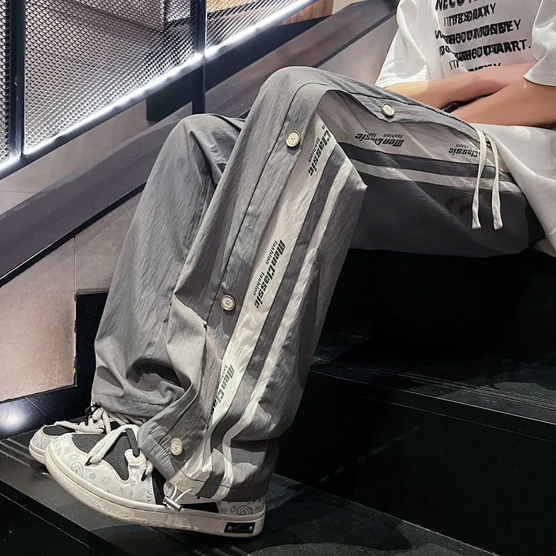 2024 Summer Casual Pants Men'S Side Button Sports Fashion Loose Dried Ice Silk Hip Hop Versatile Washed Jogging Leggings