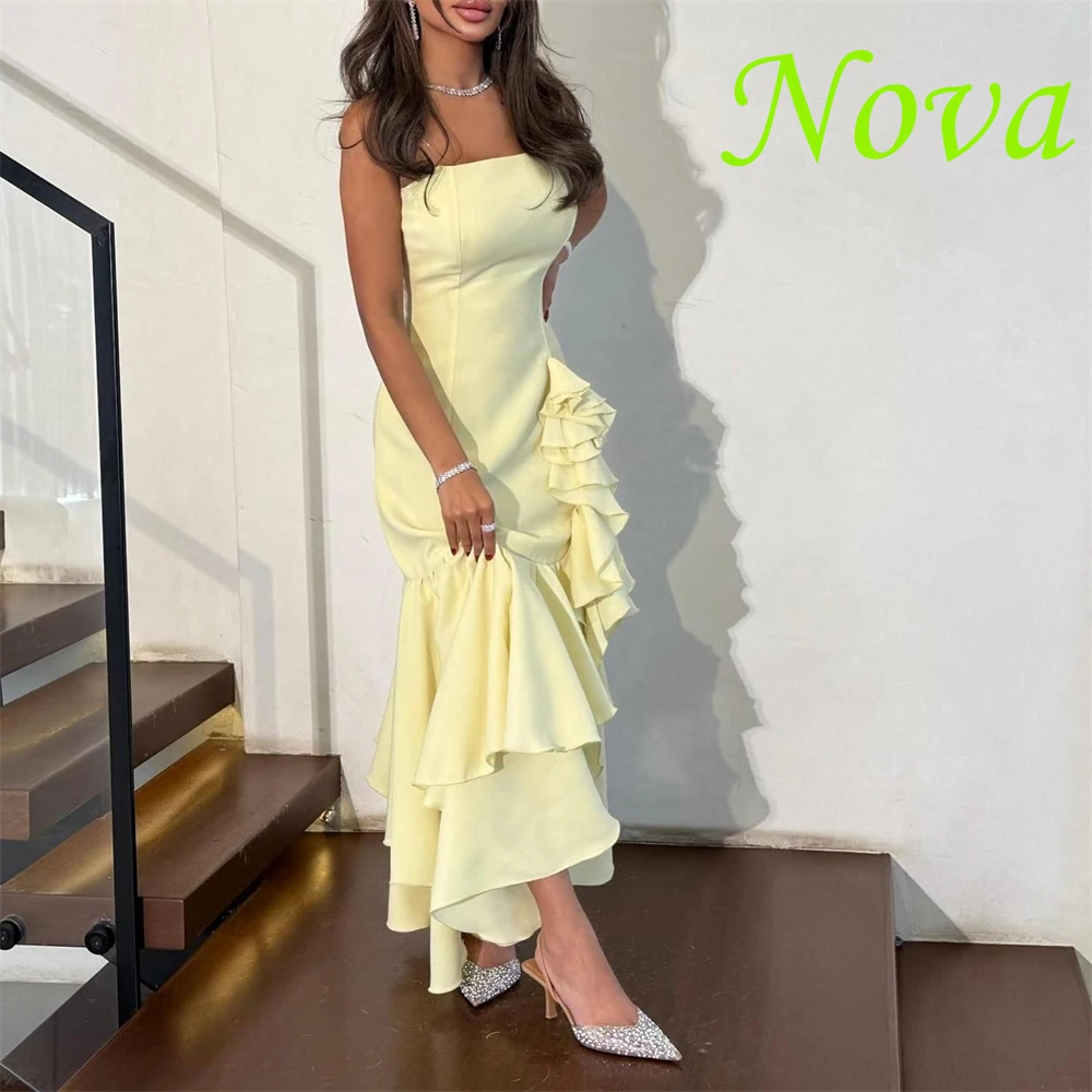 

Customized Temperament Yellow Jersey Homecoming Dresses Simple Strapless Sleeveless Celebrity Gowns Exquisite Evening Gowns
