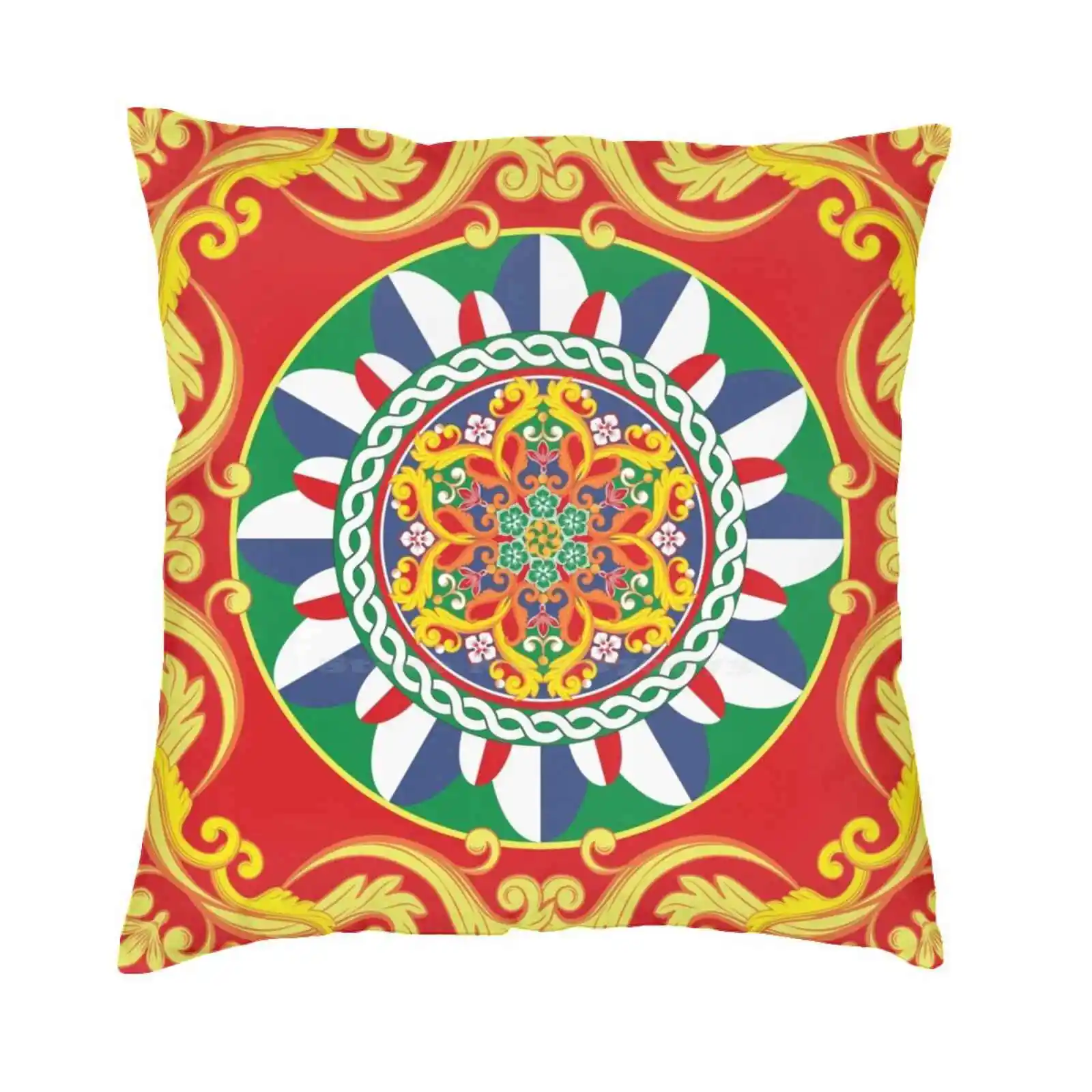 Sicilian Baroque Floral Mandala Tile Throw Cushion Pillow Cover Pillowcase Baroque Italian Mediterranean Traditional Carretto