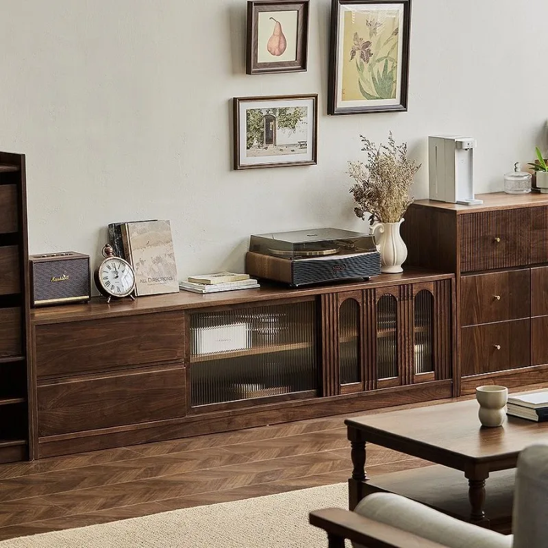 North American black walnut solid wood TV cabinet retro living room storage cabinet French simple cherry wood log audio-visual c