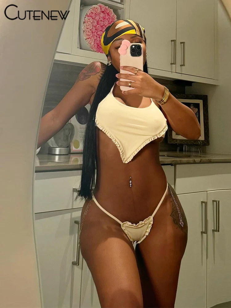 Cutenew Ruched تقليم 2 قطعة المرأة مثير الصلبة مذهلة ضمادة غير النظامية الدبابات كشكش كومة التنانير الصغيرة مع السراويل الشاطئ دعوى #2
