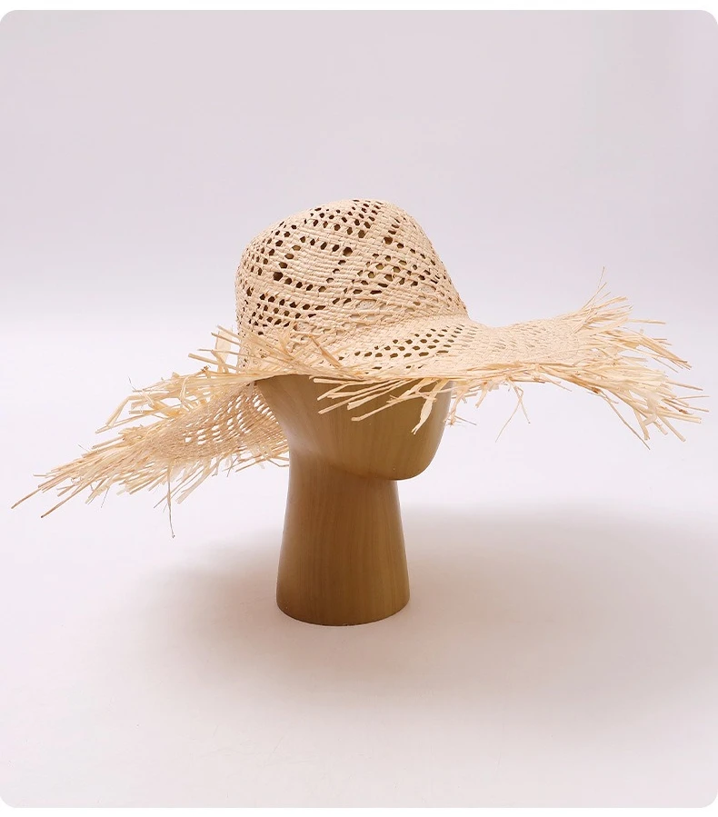 Sommerlicher, breiter Strandhut mit Schleife aus natürlichem Raffia-Stroh für Damen – faltbare Kappe für Urlaub, Fotos und Sonnenschutz – Detail 3