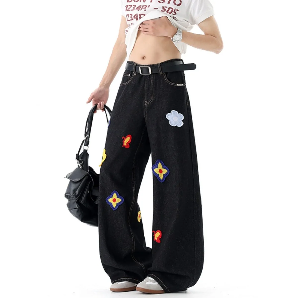 Trendy High Street Floral Embroidery Patchwork Wide Leg Original Blue Jeans Loose Straight Cut Men Women American Style Jeans