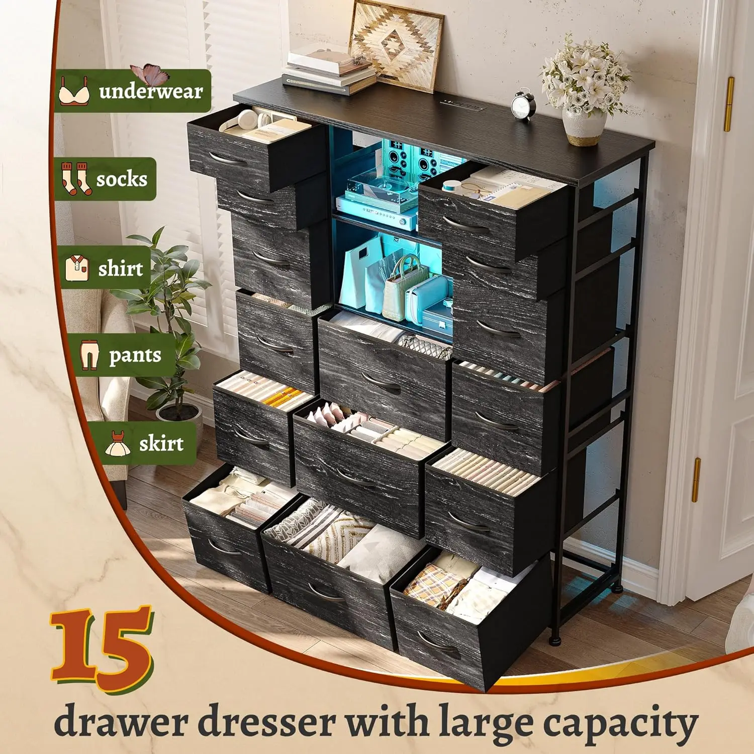 51' Black Dresser with 15 Drawers, Charging Station, LED Lights, Hutch, Steel Frame, Wood Top
