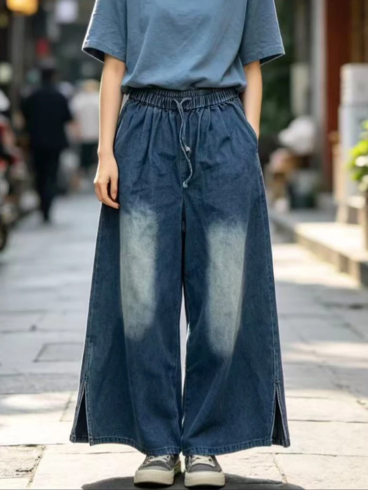 Amax LuluE 2026 Summer Vintage Classic Jeans Females British Design Fashion Denim Pants Womens Leisure Loose Wide Leg Trousers
