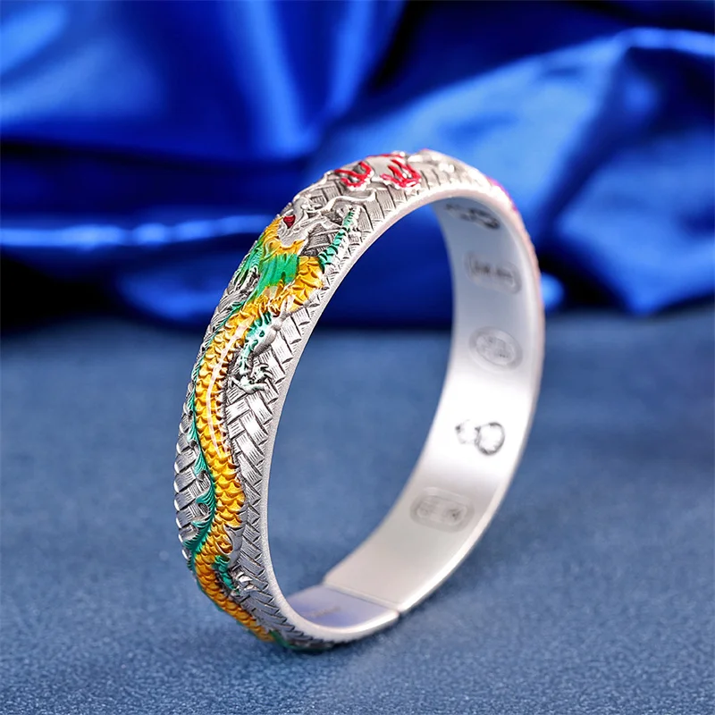 S999 Silver Bracelets for Women Cloisonne Auspicious Loong Phoenix Bangle Customized Jewelry Certificate No Refunds No Exchanges