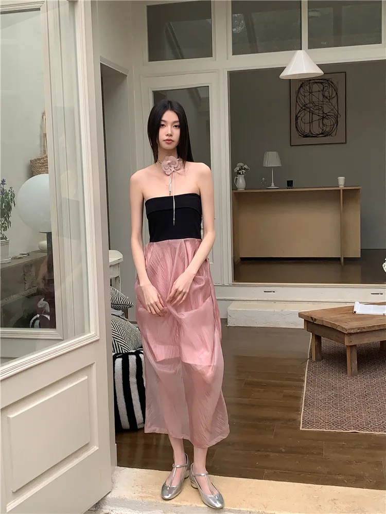 Elegant Splicing Patchwork Long Dresses Spring Women Sleeveless Chest Hugging Dress New Summer High Waist Slim Knee Length Dress