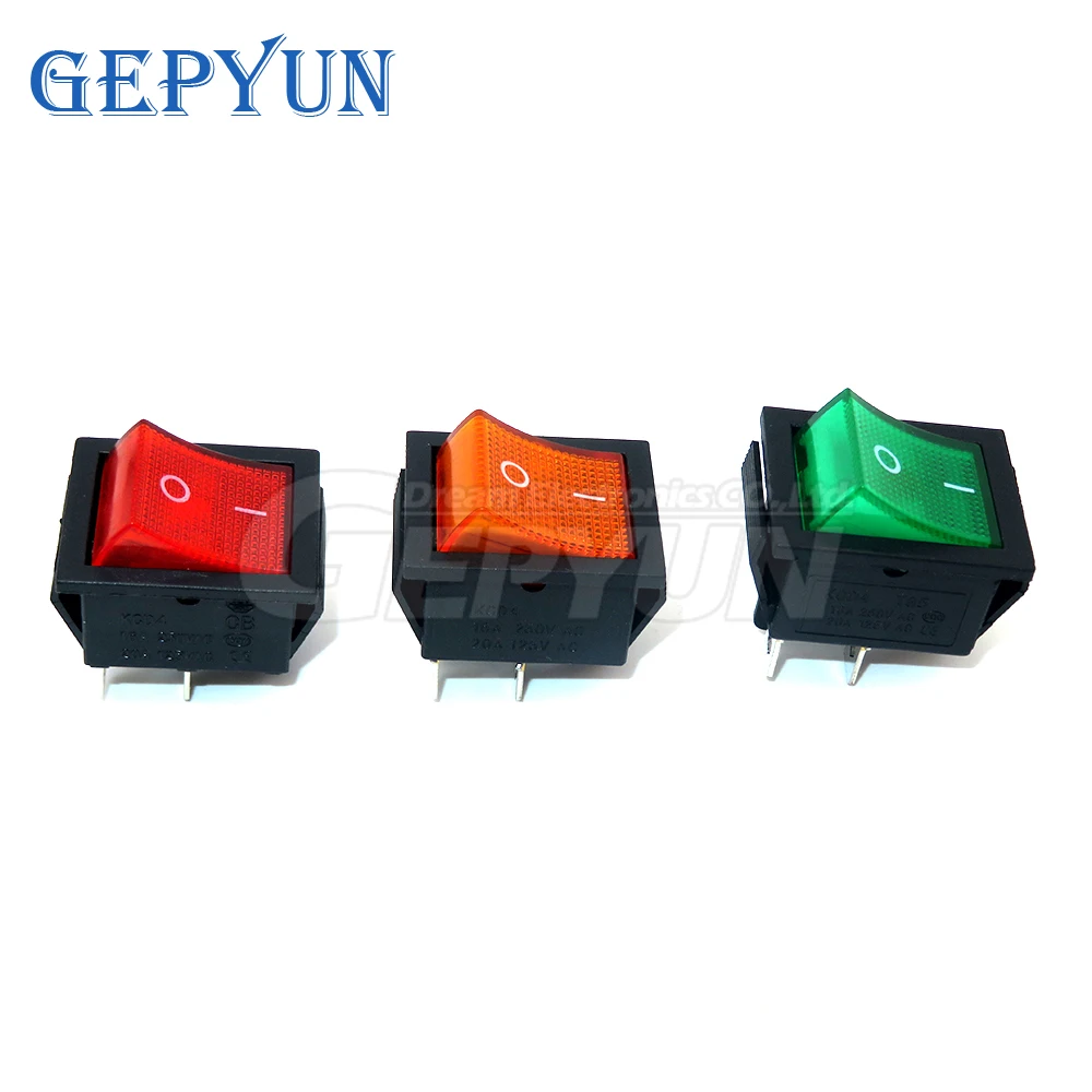 2Pcs KCD4-202 rocker switch power switch 4Pin with red green yellow light 31x25mm 20A 125VAC 16A 250VAC