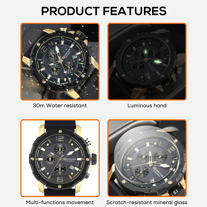 BORUSE Watches for Mens Luxury Silicone Sport Wristwatch Male Business Quartz Watches Clock Waterproof Watch Relogio Masculino