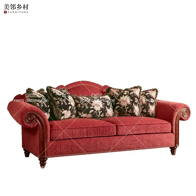 Retro Solid Wood Fabric 3 Seater Sofa Living Room Furniture Custom Modular Couch