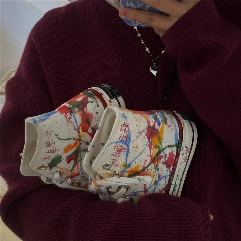 الملونة الكتابة على الجدران الرجال حذاء قماش ربيع الخريف الذكور أحذية رياضية Ins للجنسين الشرير الشارع نمط رجل بنين عالية أعلى حذاء قماش