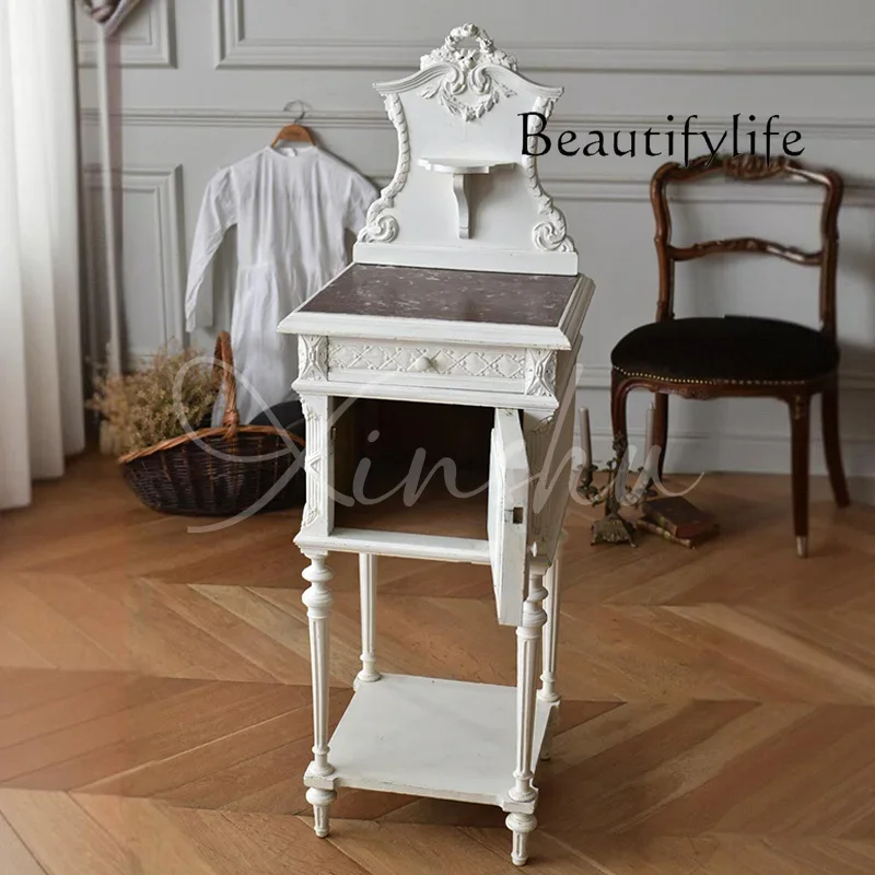 B3 French Carved Solid Wood Living Room Rattan Small Coffee Table American Contrasting Color Balcony Movable Small Table
