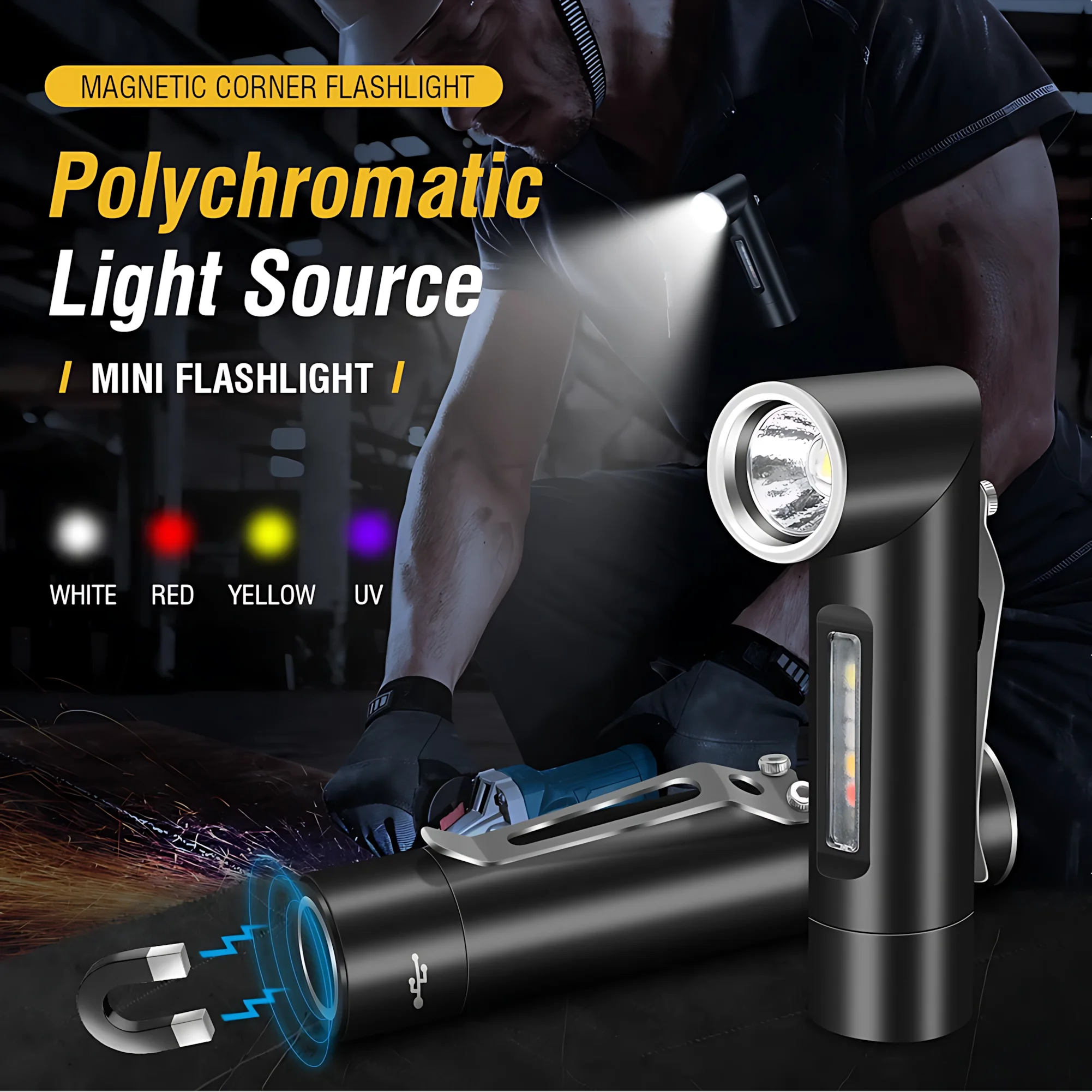 90° Rotatable Magnetic Flashlight 48g IPX5  UV/Red/Yellow Light with Side Red Blue Flash Hat Clip for Camping Emergency