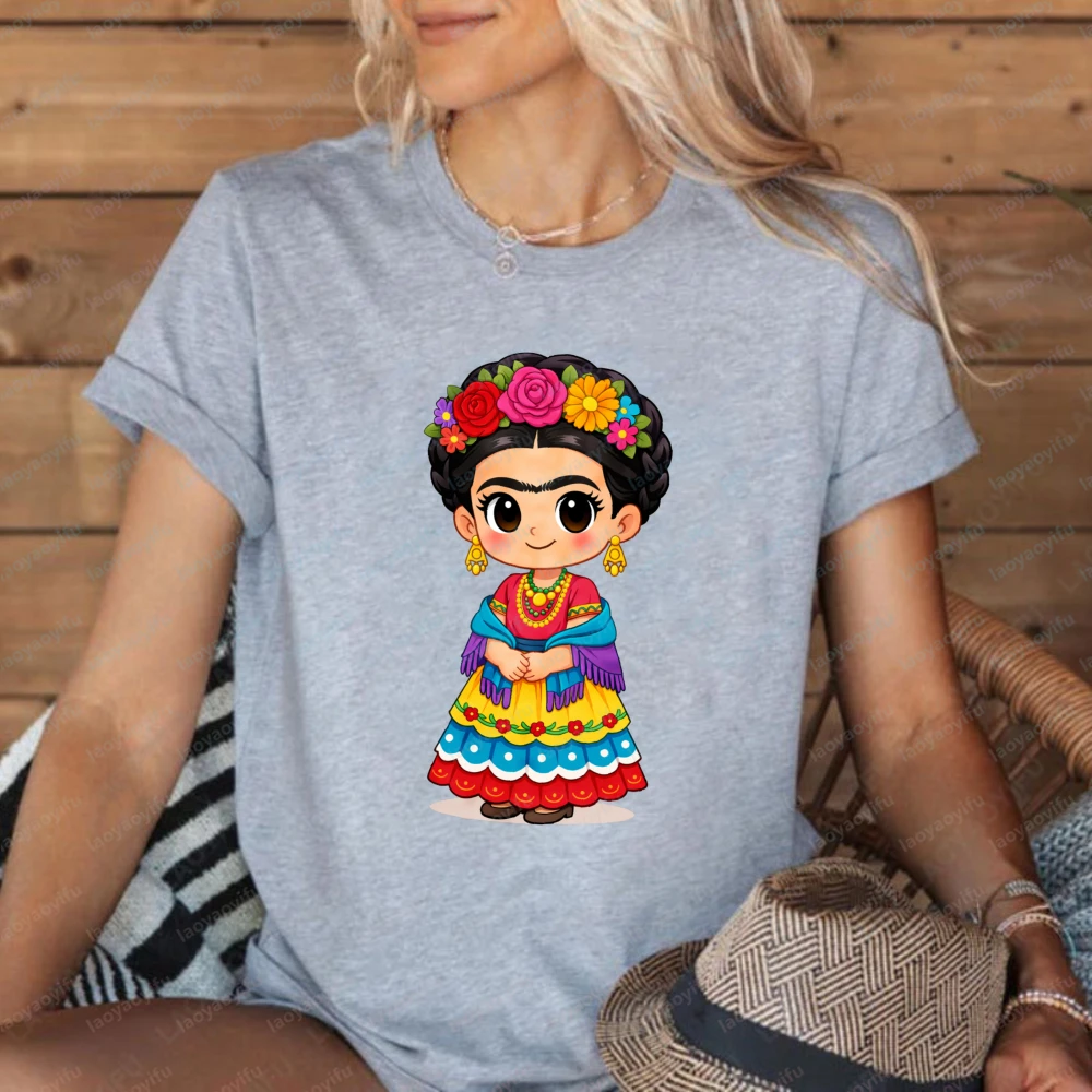 

Kawaii Frida Tee Colorful Frida Chibi Graphic Tshirt Playful Casual Style Cotton Tops Cute Fashion Classic Mexican Women Clothes