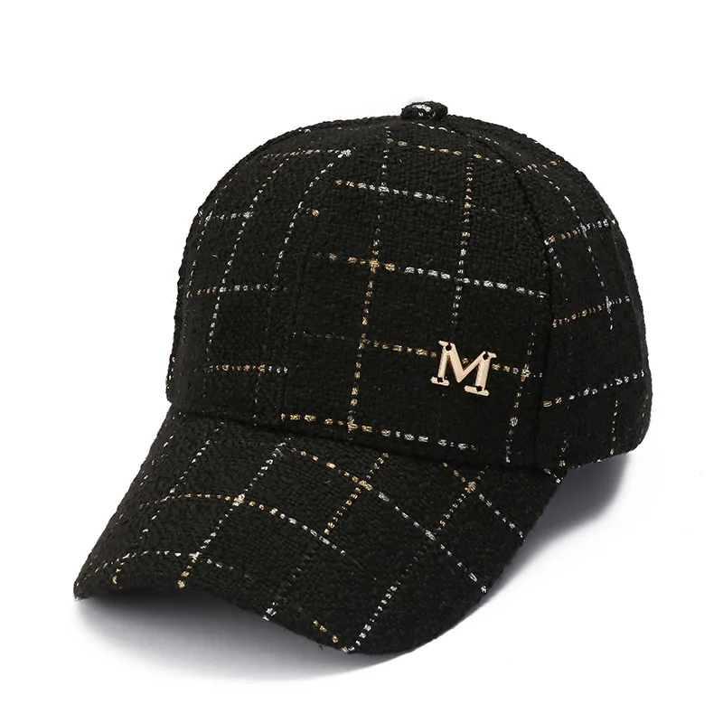 English Retro Style Full-Pattern Gold-Thread Checked Letter 'M' Logo Windproof and Warm Daily Wear Matching Baseball Cap