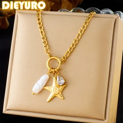 DIEYURO 316L Stainless Steel Ocean Style Pearl Starfish Zircon Necklace For Women Girl New Trend Fashion Neck Chain Jewelry Gift