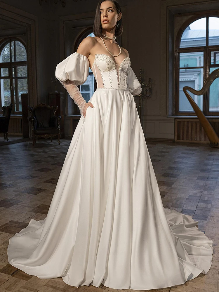 

Modern Wedding Dresses Puffy Sleeves Illusion Deep V Neck Sexy Wedding Gowns for Brides Pearls Beading Satin Luxury Bridal Dress