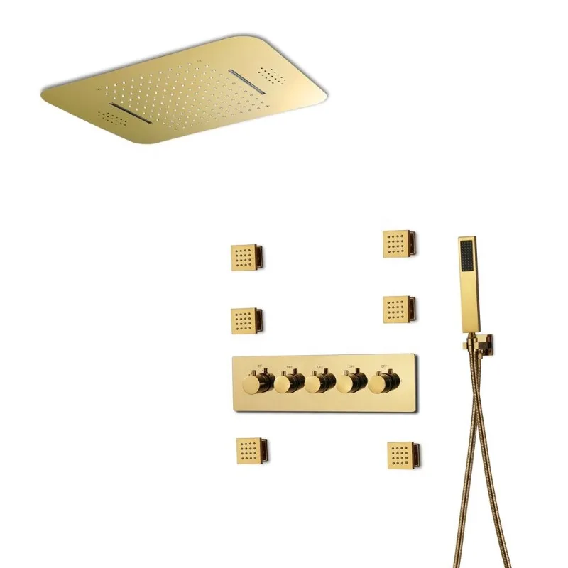 golden  set ceiling 58*38cm rain and waterfall LED music r head brass thermostatic Ti-PVD gold