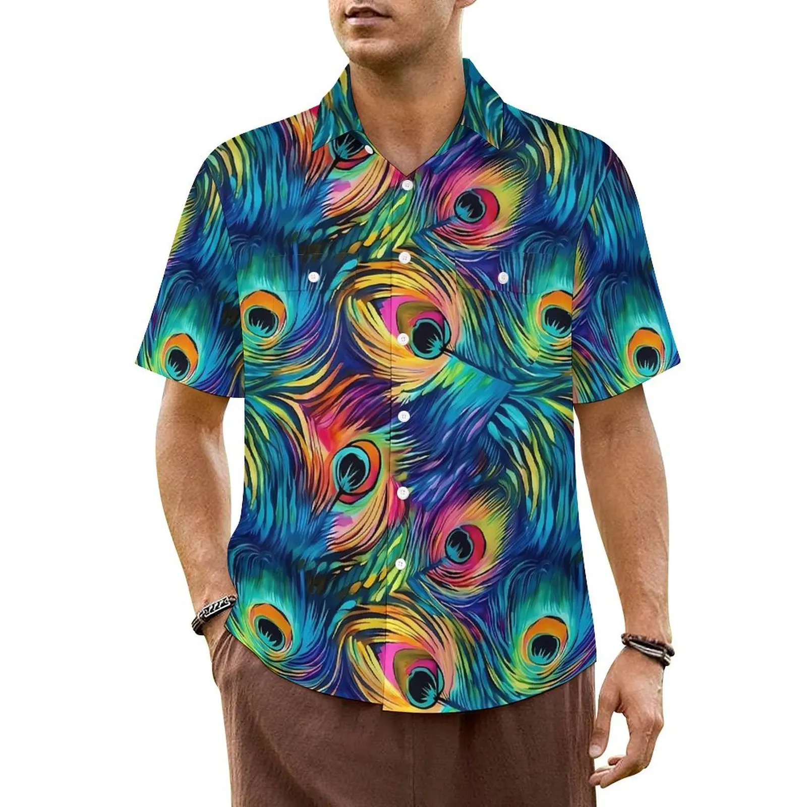 Rainbow Peacock Feather Casual Shirt Animal Print Elegant Hawaiian Shirts Man Short Sleeve Vacation Streetwear Oversized Blouses