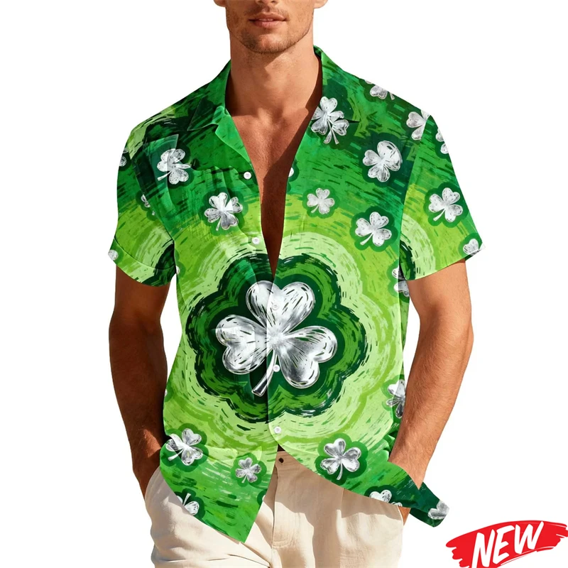 

St. Patrick's Day Hawaiian Shirt Men Holiday Short Sleeve Button Down Shirt Green Shamrock Lucky Graphic Tees Loose Lapel Shirts