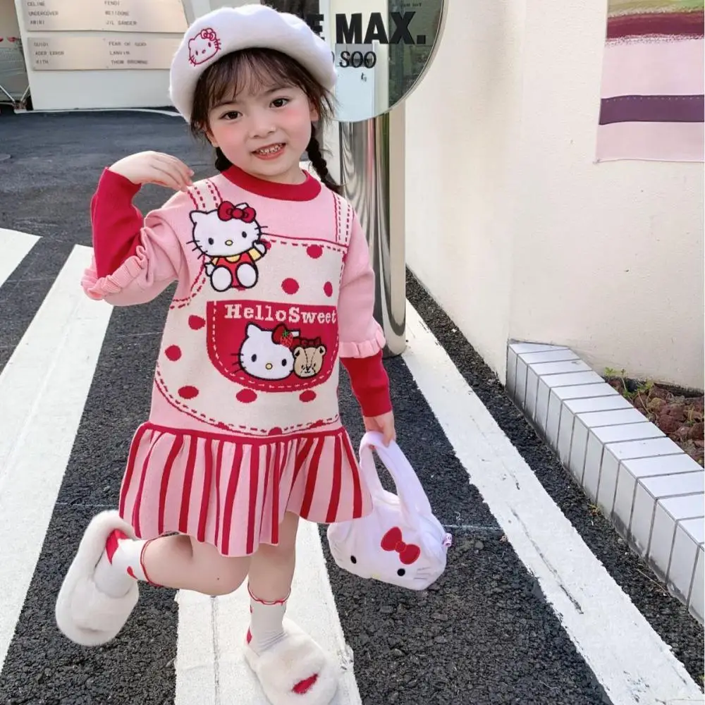 Kawaii Sanrio Hello Kitty Stuff Girls Knitted Dress Kids Anime Cute Long Sleeve Sweater Dress Autumn Winter Children's Clothing