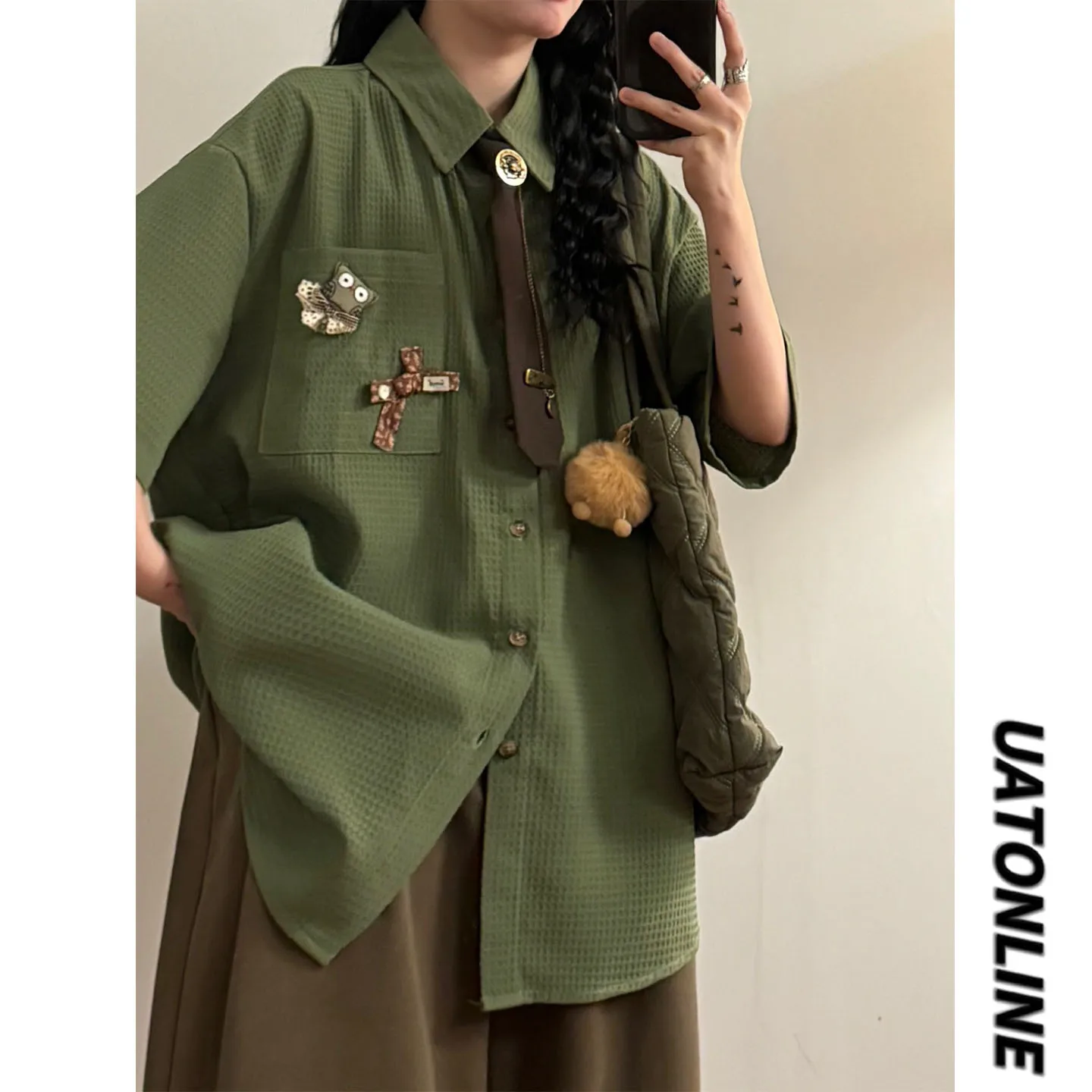 

UATONLINE2026 Summer Street Style Loose Fit Short Sleeve Shirt with Pocket Decorative Design Waffle Pattern Unisex