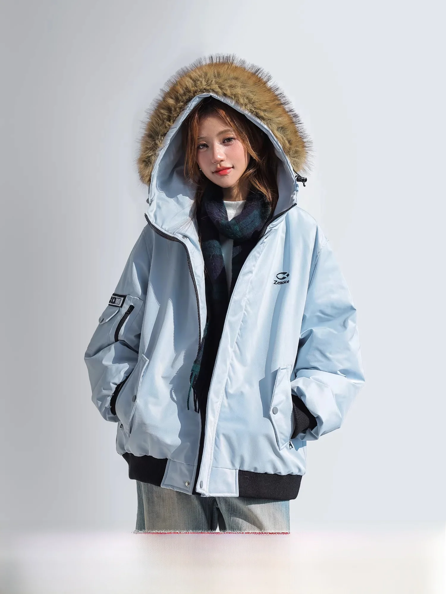 

Warm Thiened Cotton Jaet Women's Loose Coat with Fur Collar Nordic Winter Sle Long Sve Zipper Closure Color
