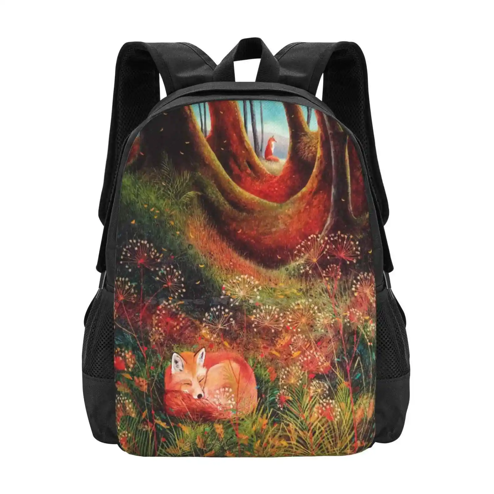 Sleeping Fox ( 2 ) Pattern Design Bagpack School Bags Red Fox Forest Wildlife Woodland Nature