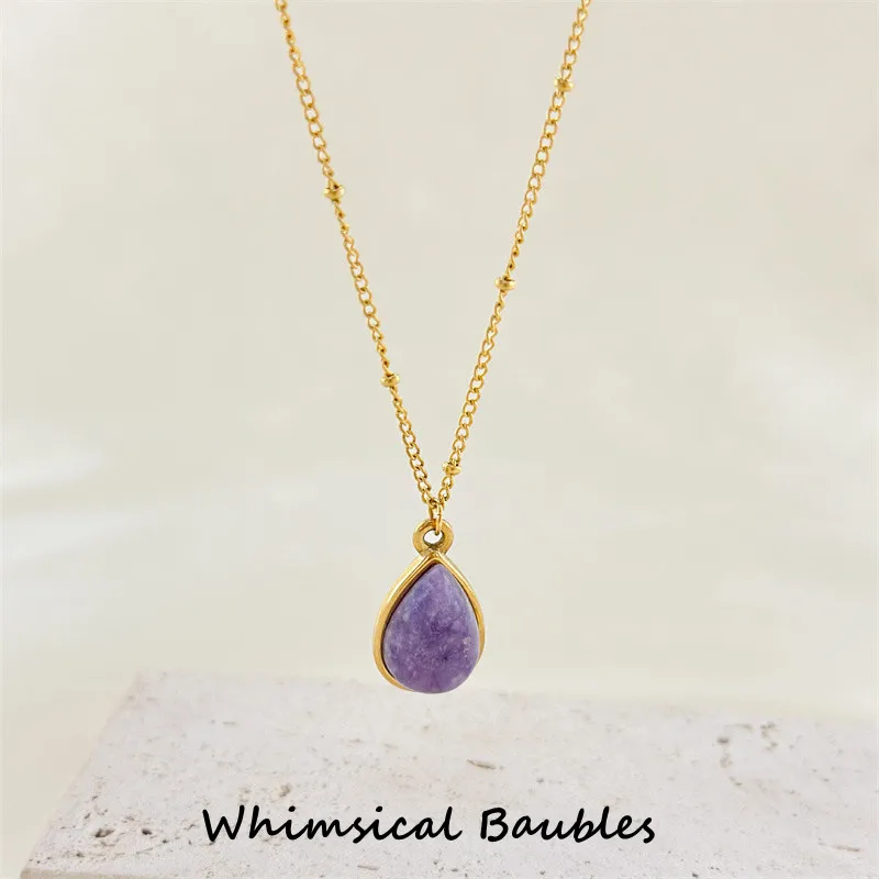 

Women's 18K Gold Plated 316L Stainless Steel Big Jade Amethyst Natural Stone Pendant Necklace Classic Link Chain Healing Jewelry