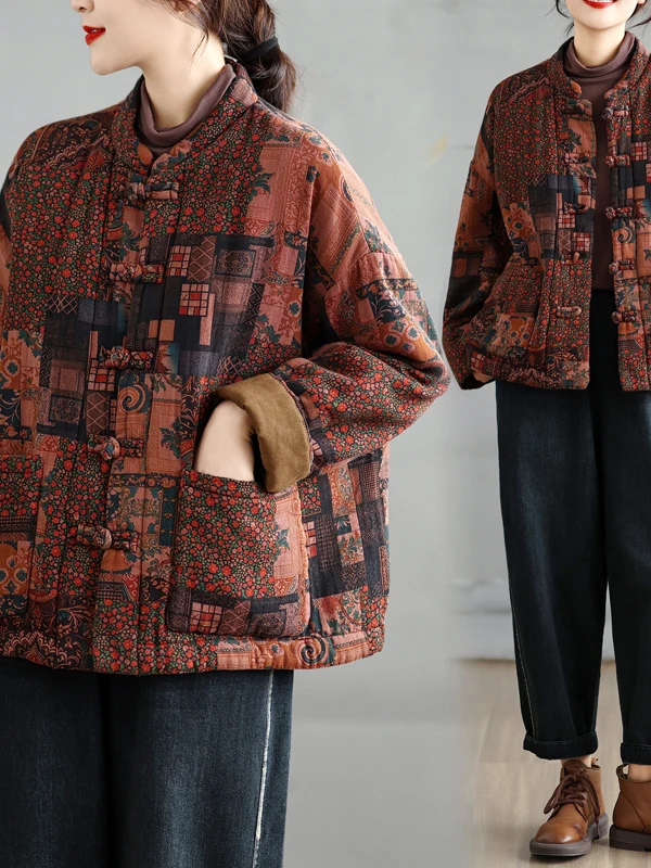 

Thiened Cotton Jaet Women's Large Size Retro Print Warm ort Cotton Clothes Top Chinese Sle Commute Loose Fit Long Sve