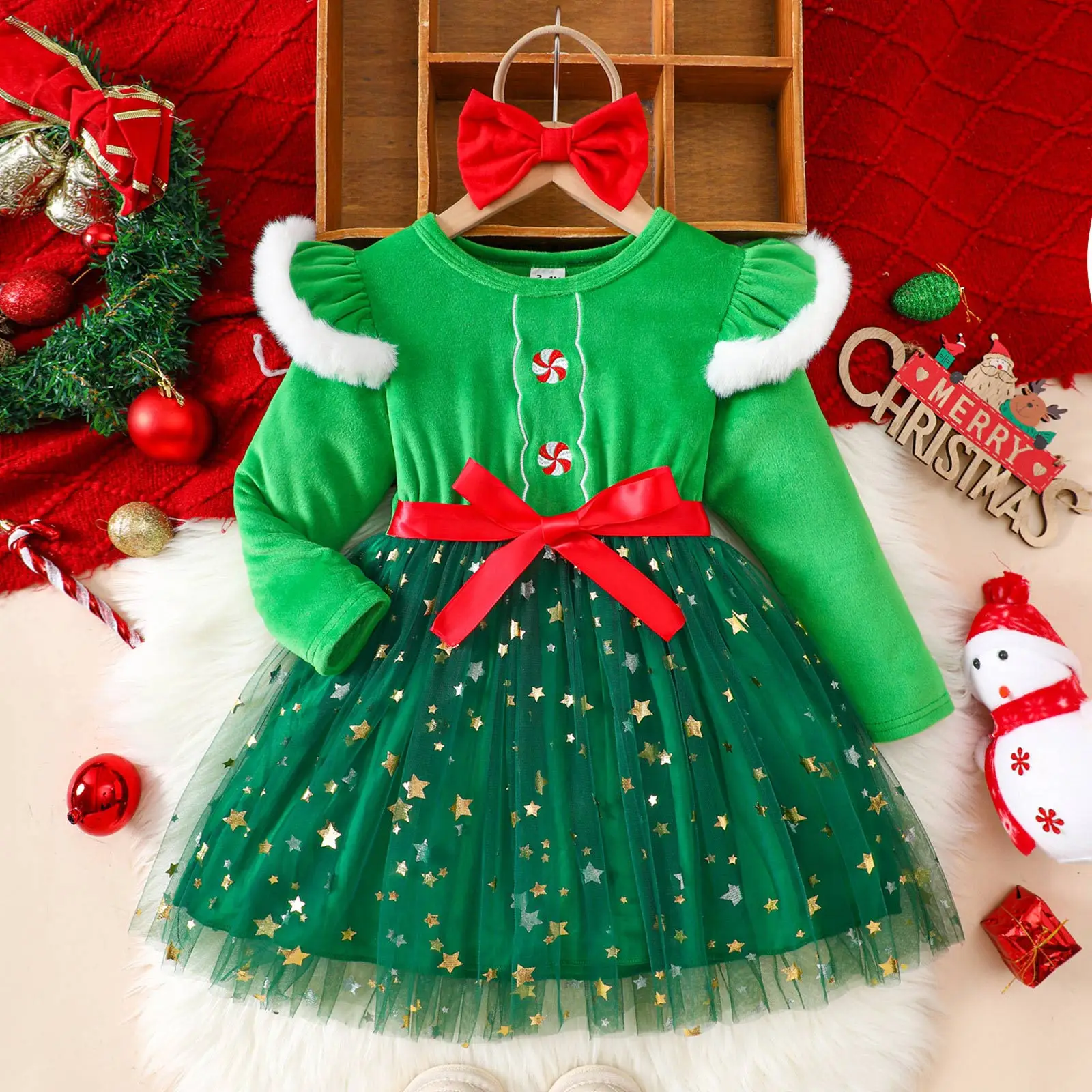 Little Girls Christmas Party Dress Velvet Long Sleeves Sequin Star Tulle Dresses with Bow Hairband Toddler Fall Winter Clothes