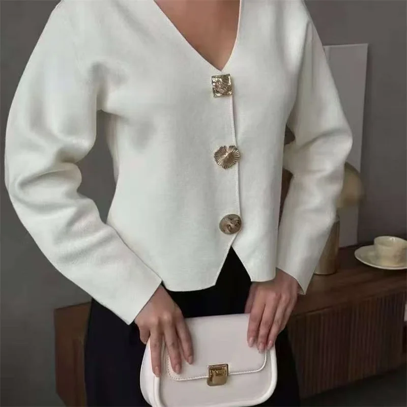 

Женский кардиган: модный, с V-образным вырезом, длинный рукав, свободный крой, свитер-кардиган для женщин, нишевый топ