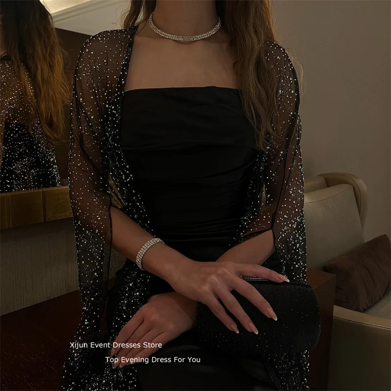 Xijun Glitter Black Evening Dress Lace 2023 Prom Dress With Jacket Luxury Prom Gown Formal Saudi Arabric Dubai Ankle Length