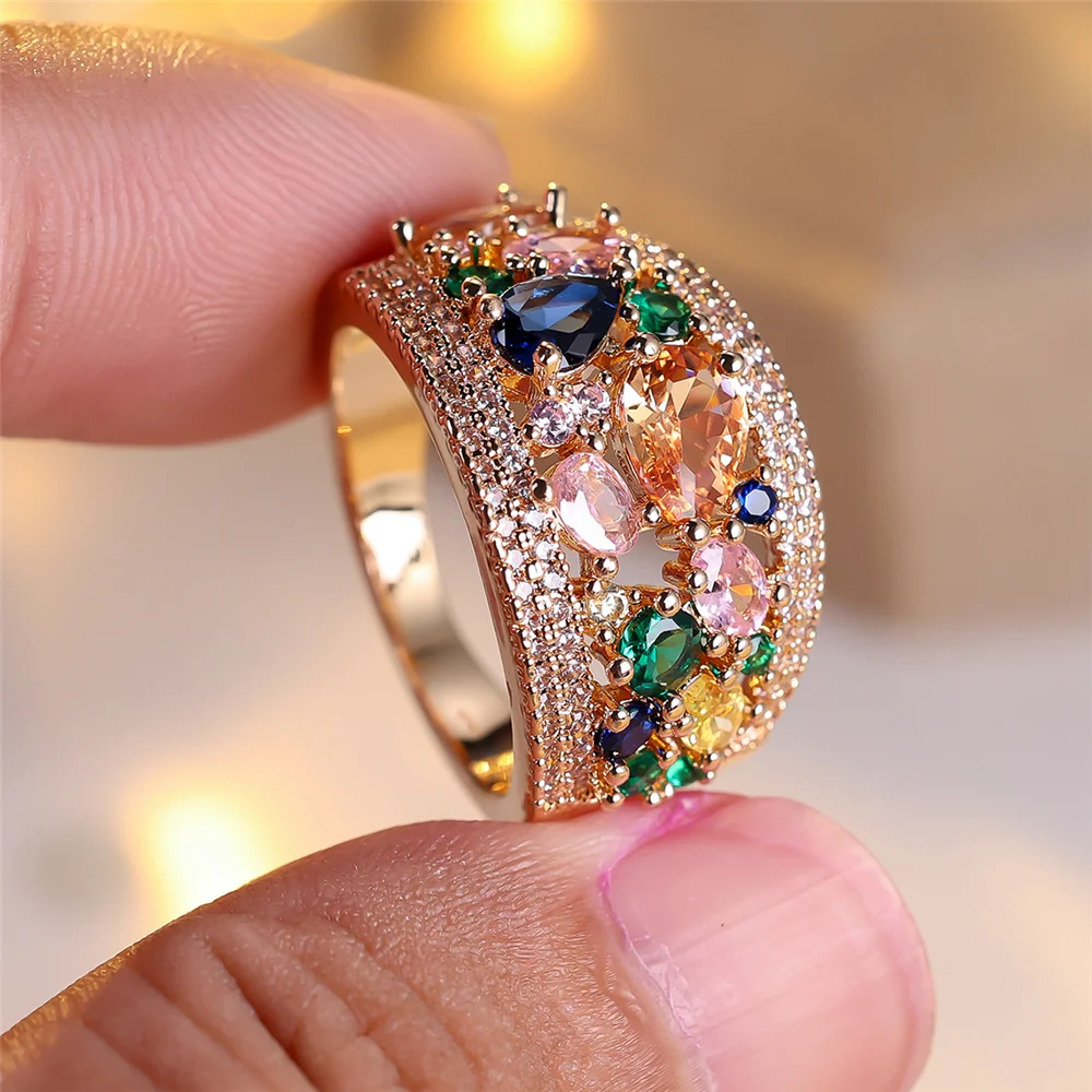 Anillos de compromiso de amor para mujer, joyería de boda de piedra de circón arcoíris de Color oro amarillo de lujo para mujer