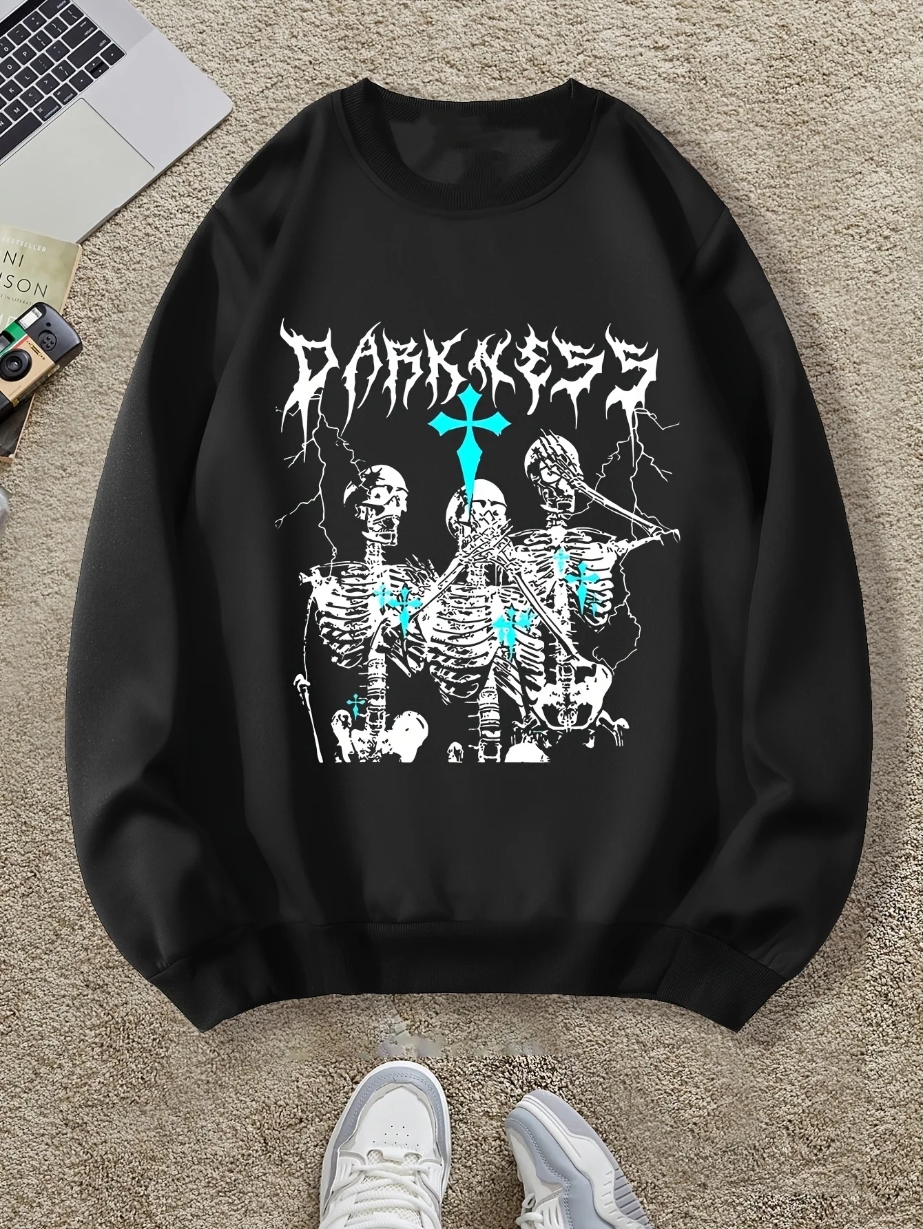 

Gothic Skull Pattern Print Autumn and Winter Men's and Women's Long Sleeved Sportswear Sweatshirt Casual Loose Outdoor Street