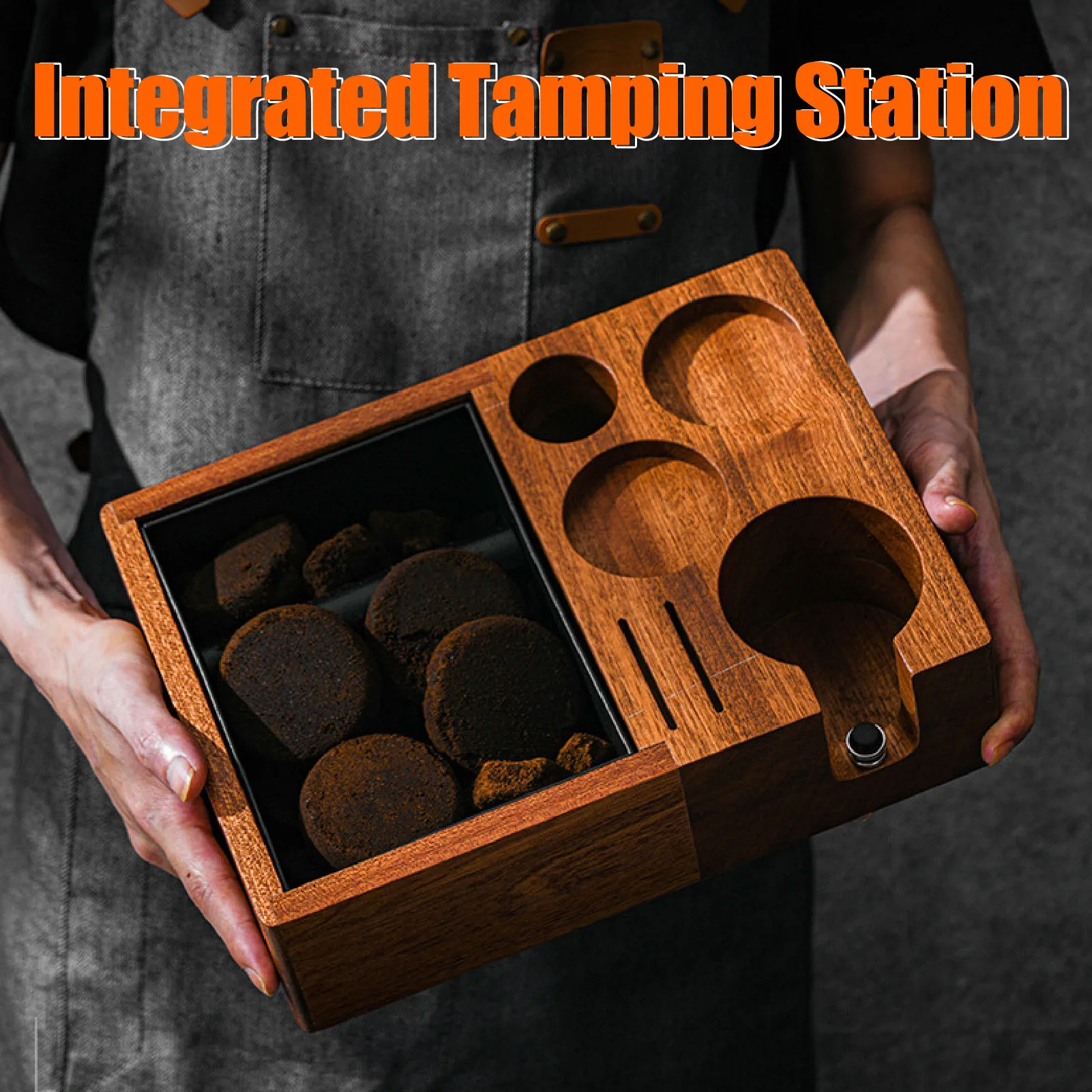 51/54/58mm Universal Wooden Coffee Tamping Station Coffee Portafilter Holder Tamping Station Organizer with Removable Knock Box