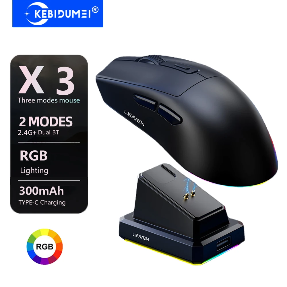 KEBIDUMEI Dual-Mode 2.4G Wireless Mouse Two Bluetooth Mouse RGB Gaming Mouse with Charging Dock Rechargeable Ergonomic Mouse