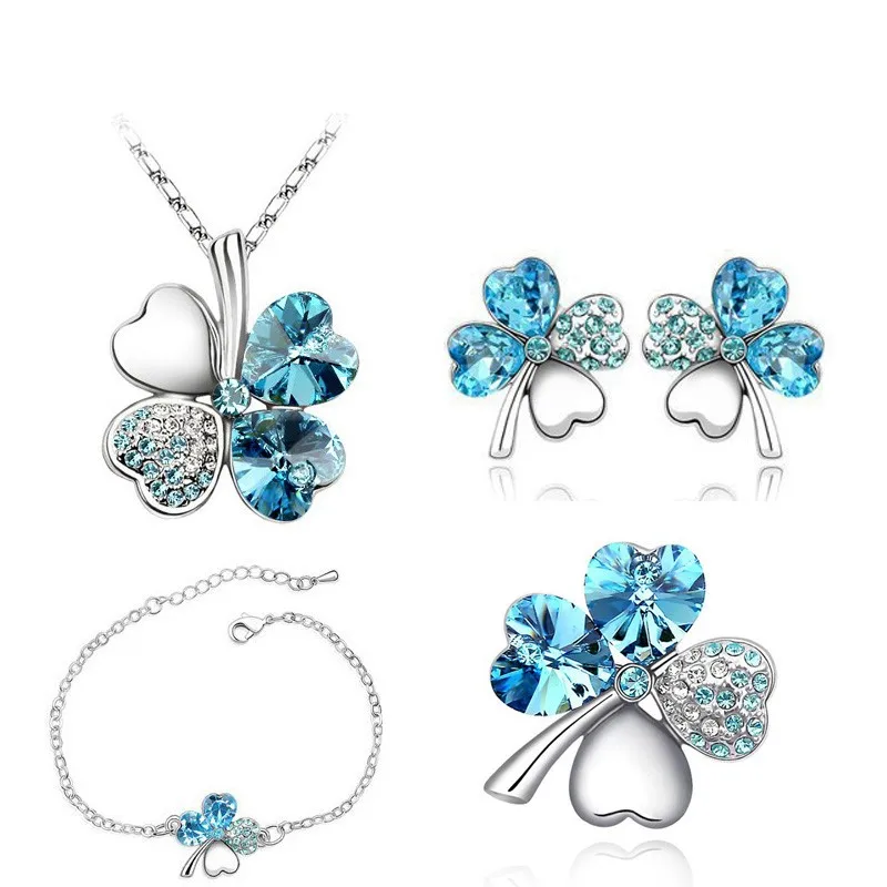 Crystal Clover 4 Leaf heart fashion jewelry set dropshipping Necklace earrings bracelet brooch charm girl quality birthday gifts