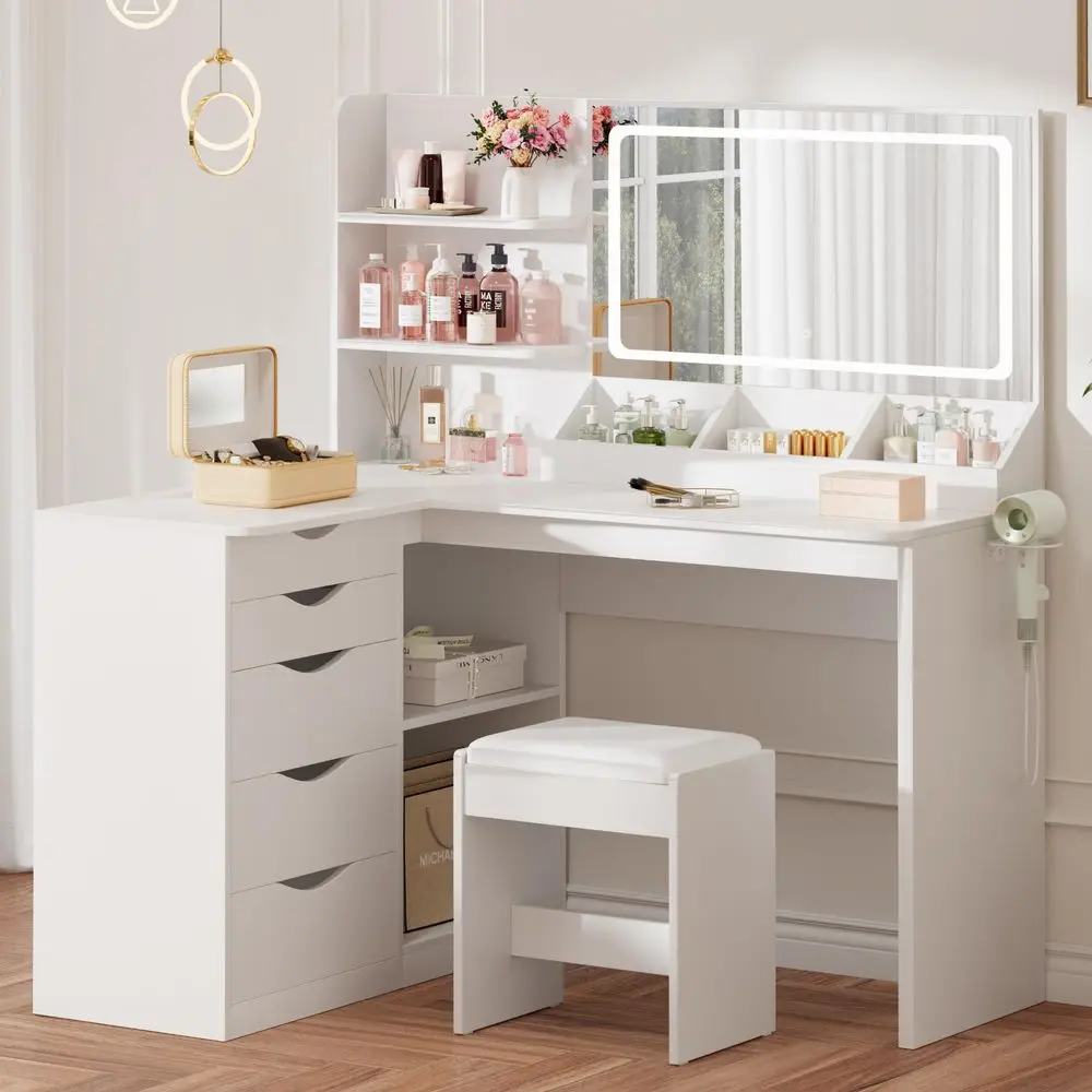 Vanity Desk with Mirror, L Shape Vanity, LED Lighted Mirror, with Fast Charging Power Outlet and 3 Storage Shelves, Makeup Tabl