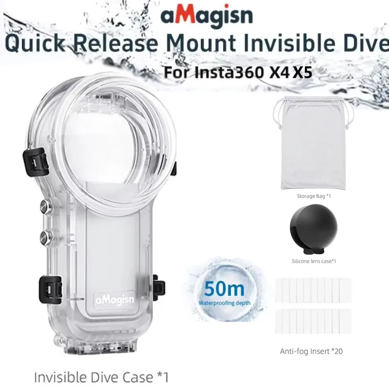 aMagisn Dive Case Waterproof Housing Cover for Insta360 X4 X5 Invisible Diving Case Underwater 50M Dive Shell Accessories