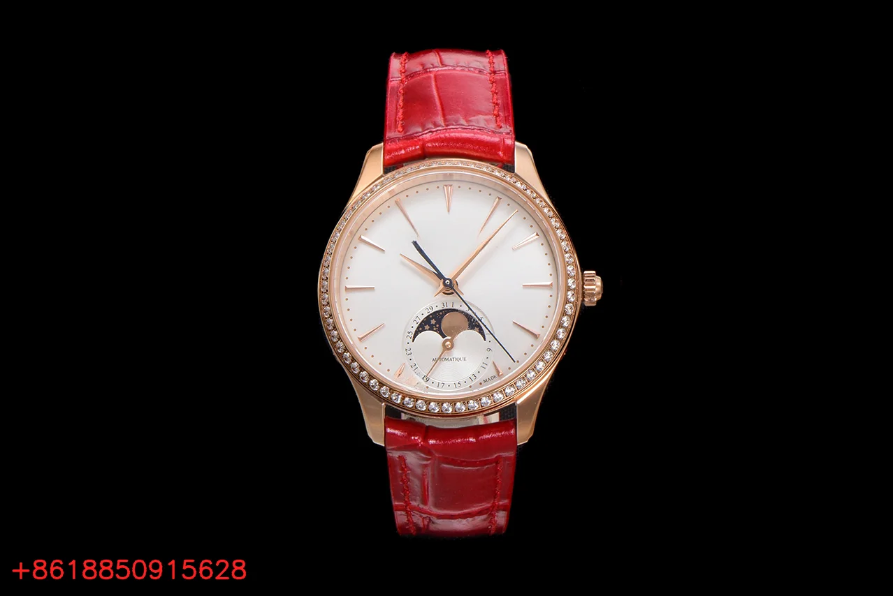 

Men's Automatic Self-Wind Mechanical Watch with Red Leather Strap, Round Gold Tone Case, Moon Phase Date Calendar Dial, Stone-Set Bezel, Elegant Luxury Style Dress Wristwatch