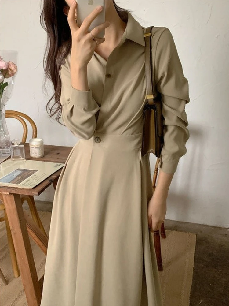 Women Spring Elegant Long Shirt Dress 2022 New Female Elastic High Waist A-line Midi Dresses Solid Color Lapel Collar