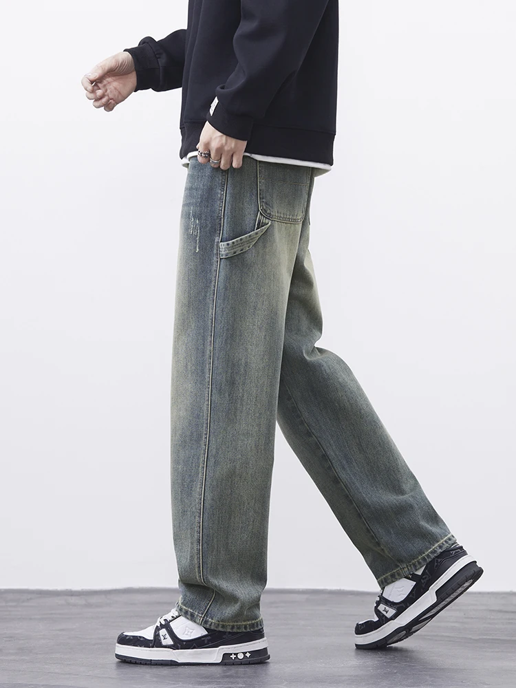 الشارع الشهير الهيب هوب الجينز الرجال خمر جيب تقسم ​ ​ واسعة الساق الأزياء السراويل البضائع الكورية Y2K فضفاض الخريف الدنيم السراويل